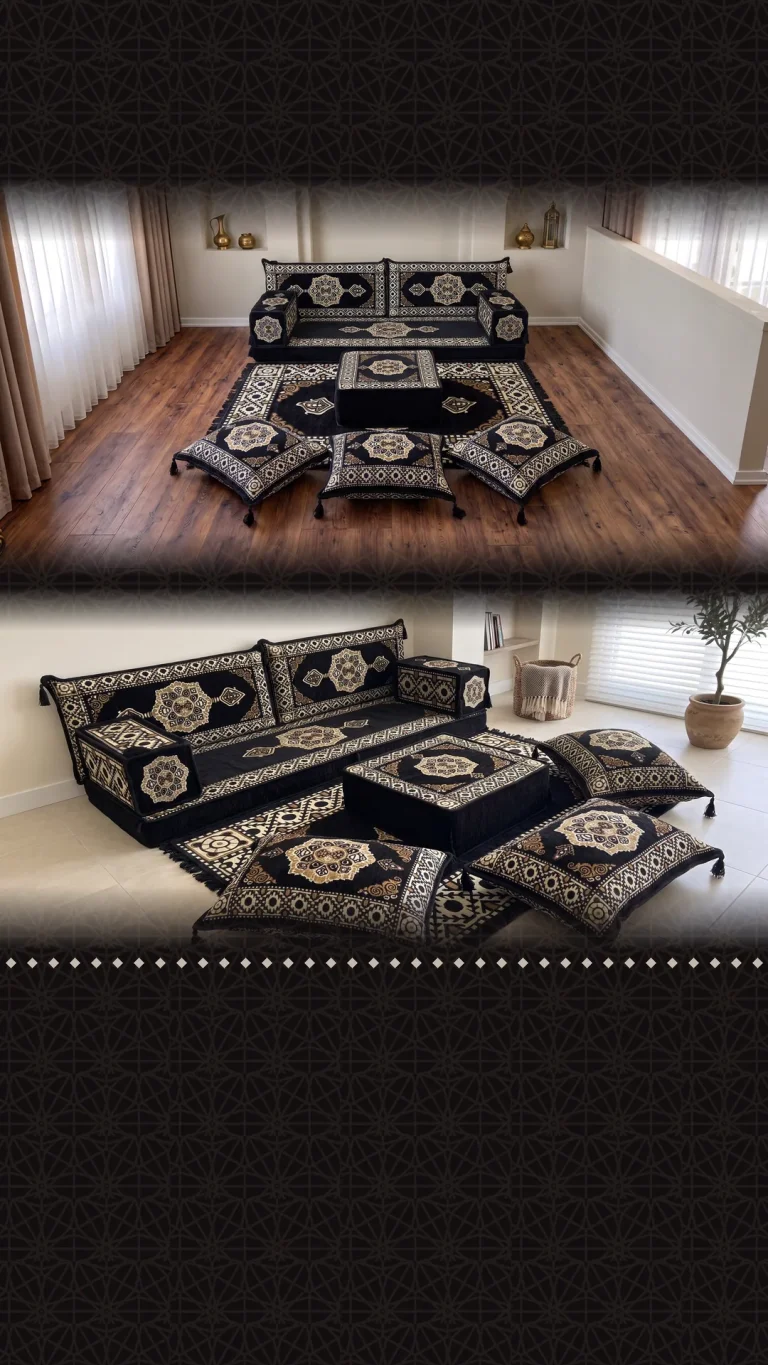 Black Arabic floor sofa with cream medallion motifs, a pouf, tasselled floor cushions and a matching rug in two rooms