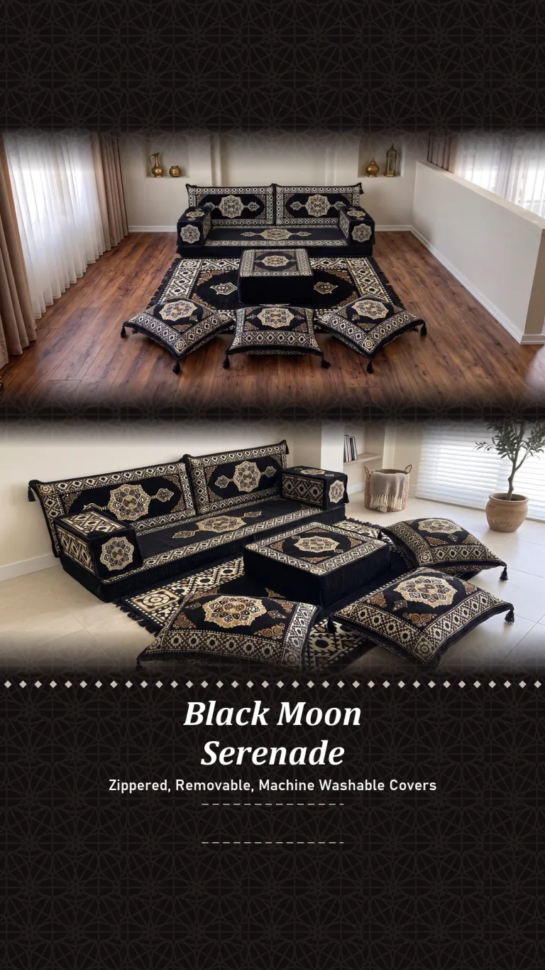 Black medallion-pattern floor seating set in two rooms, one with a dark wood floor and one with pale tiles