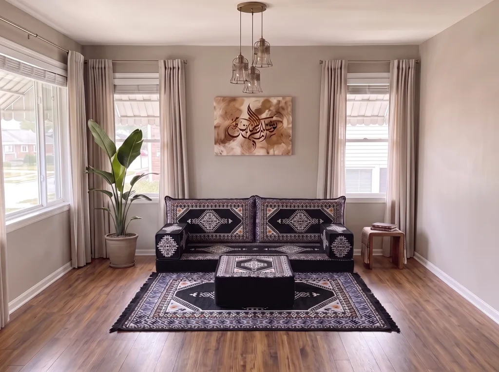 Black kilim Arabic floor sofa with a square ottoman on a matching rug, between two curtained windows
