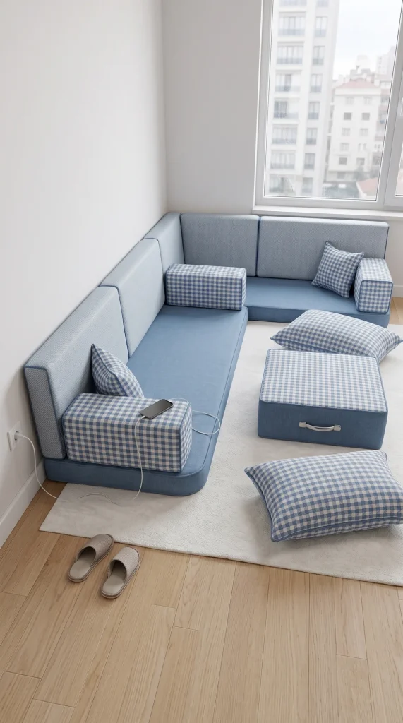 Blue floor seating set with white gingham armrests and cushions in an L shape by an apartment window