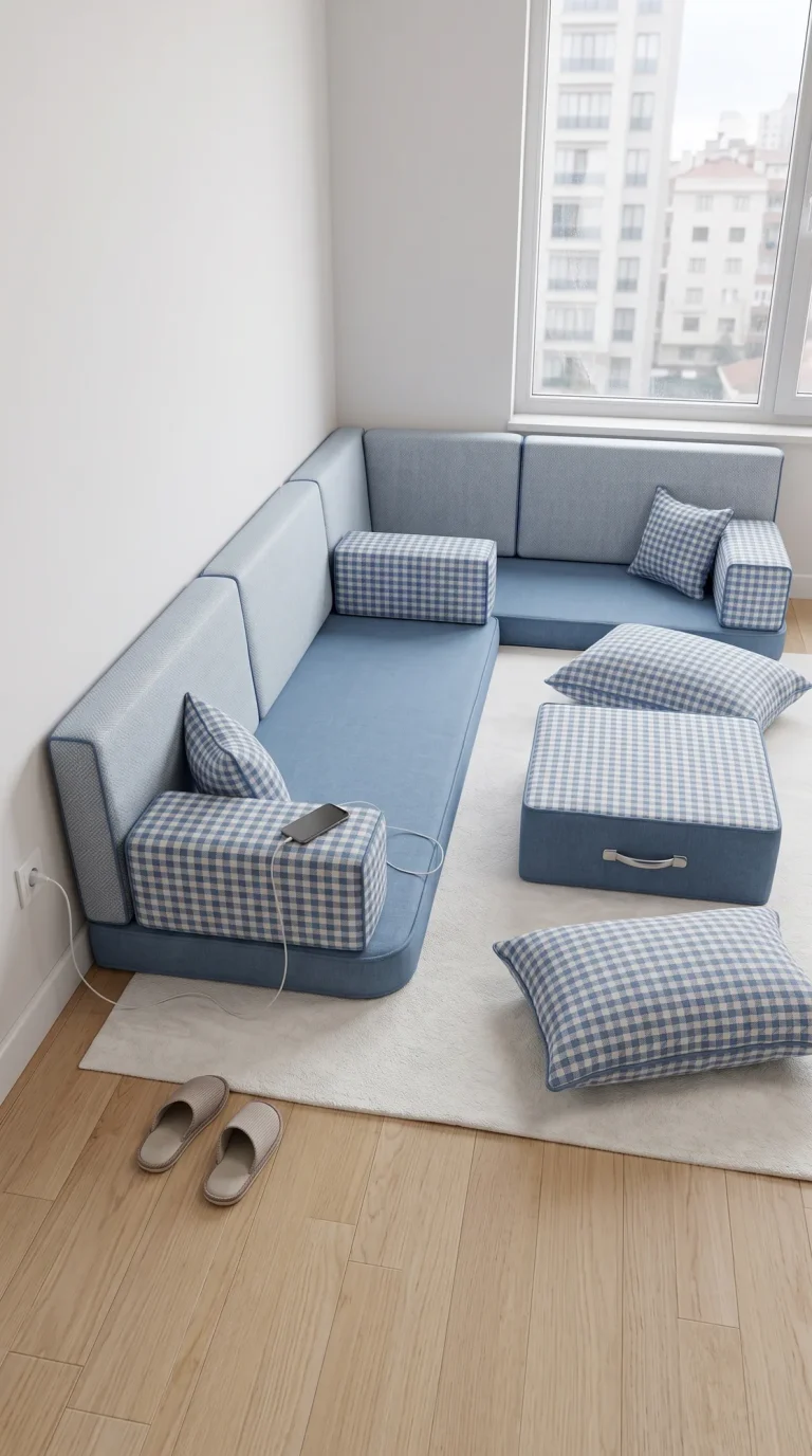 Blue floor seating set with white gingham armrests and cushions in an L shape by an apartment window