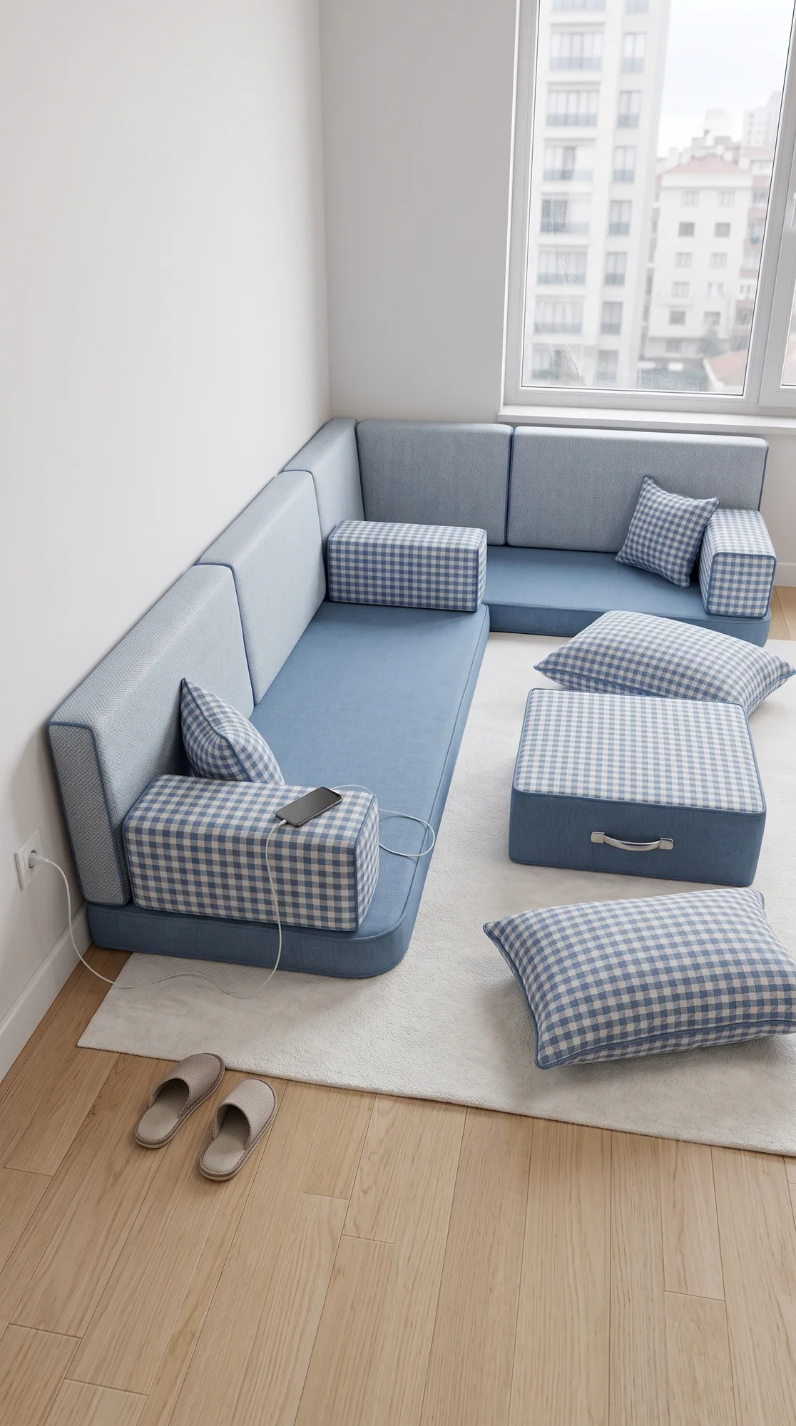 Blue floor seating set with white gingham armrests and cushions in an L shape by an apartment window