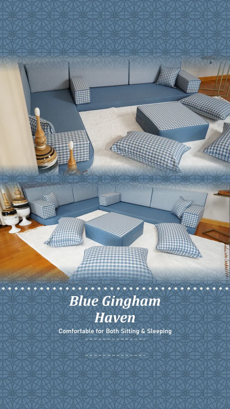 Blue L-shaped floor sofa set with gingham check pillows and ottoman, pictured from above and from the front