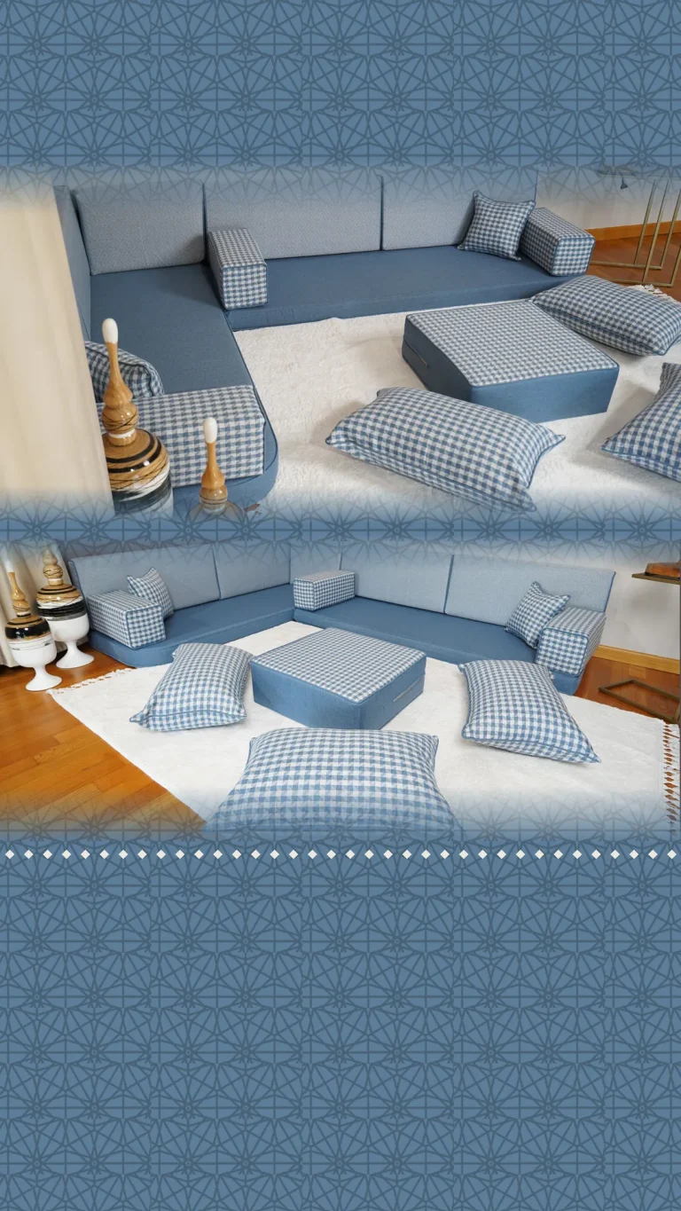 Denim blue Arabic floor sofa in an L shape with blue and white gingham check armrests, pouf and floor cushions