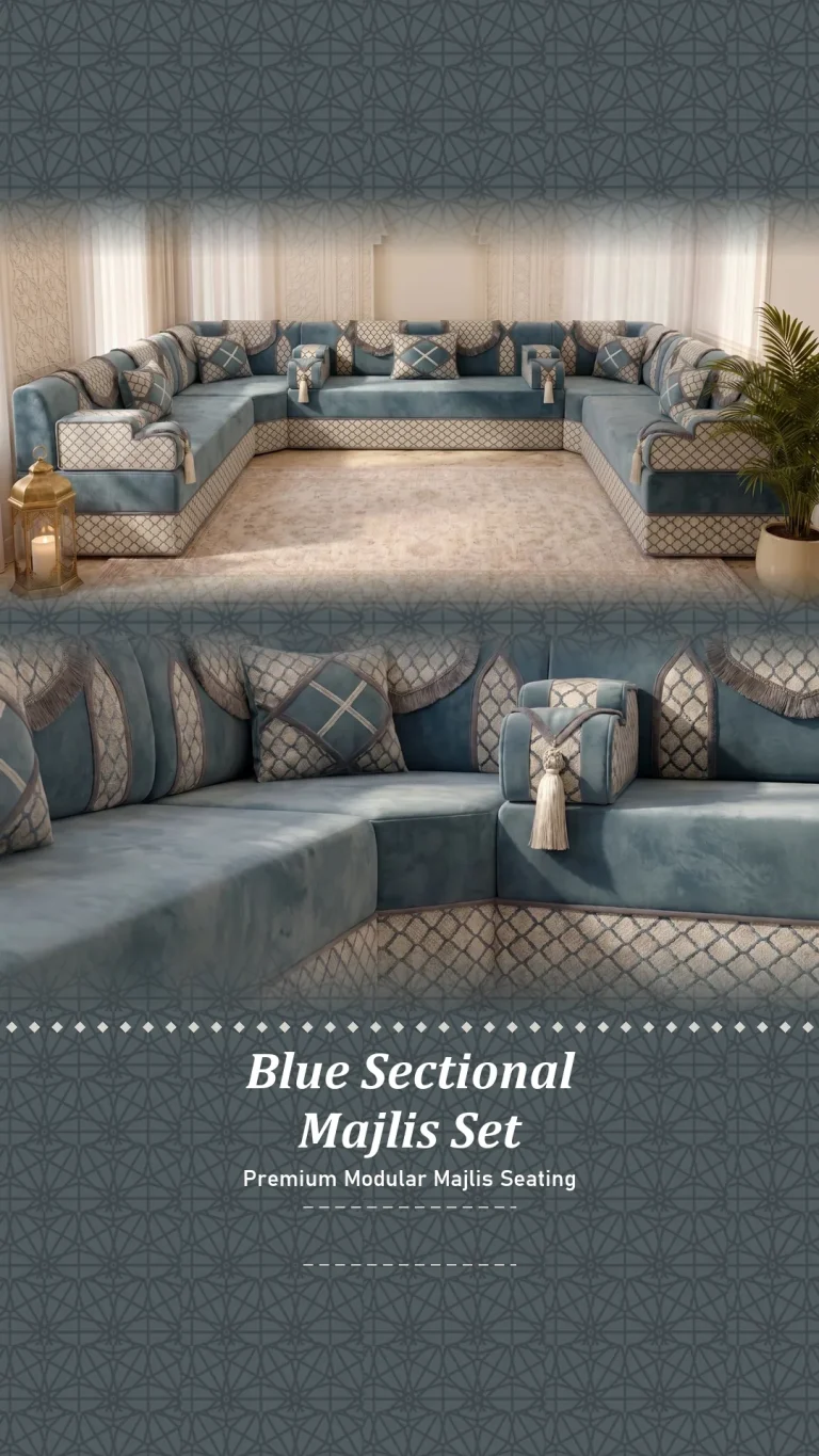 Titled story graphic of a dusty blue velvet U-shaped majlis sofa set with a lattice-trimmed corner close-up