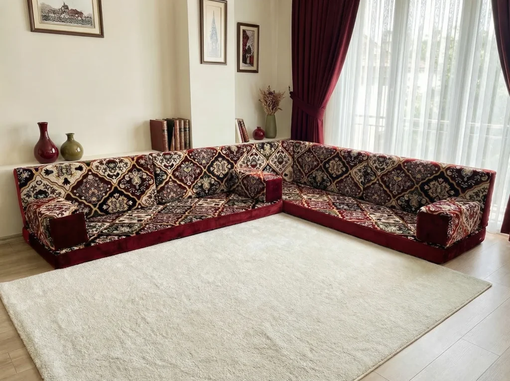 Burgundy velvet Arabic floor couch in an L shape with a diamond carpet pattern beside a bright curtained window