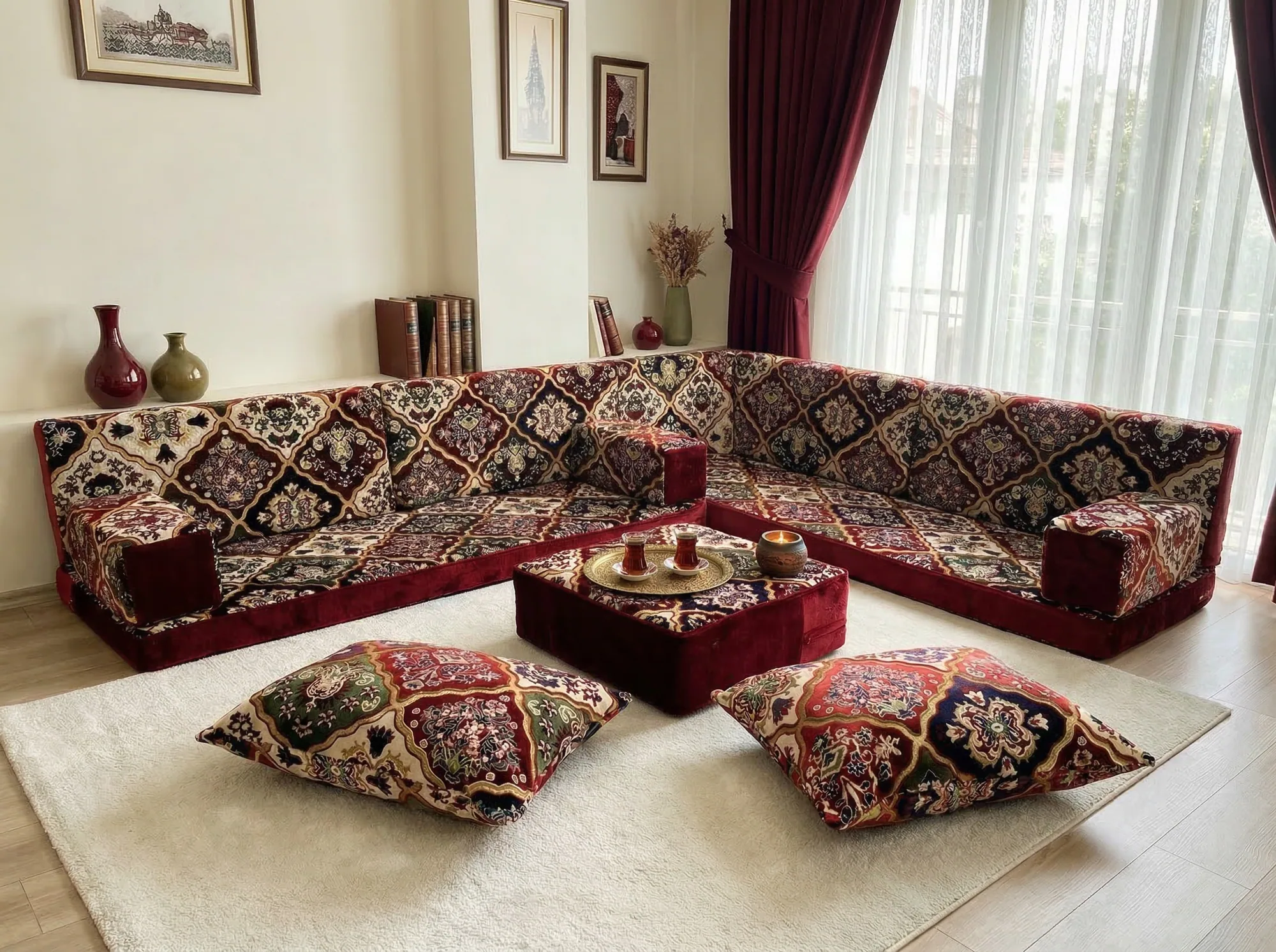 Burgundy velvet Arabic sofa in an L shape with tea glasses on the ottoman and two floor cushions