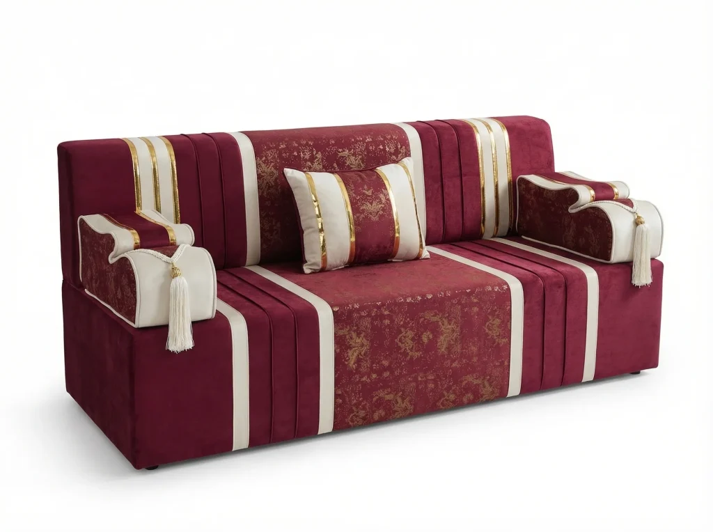 Burgundy velvet majlis sofa with cream stripes, gold piping, a gold-printed centre panel and tasselled armrests