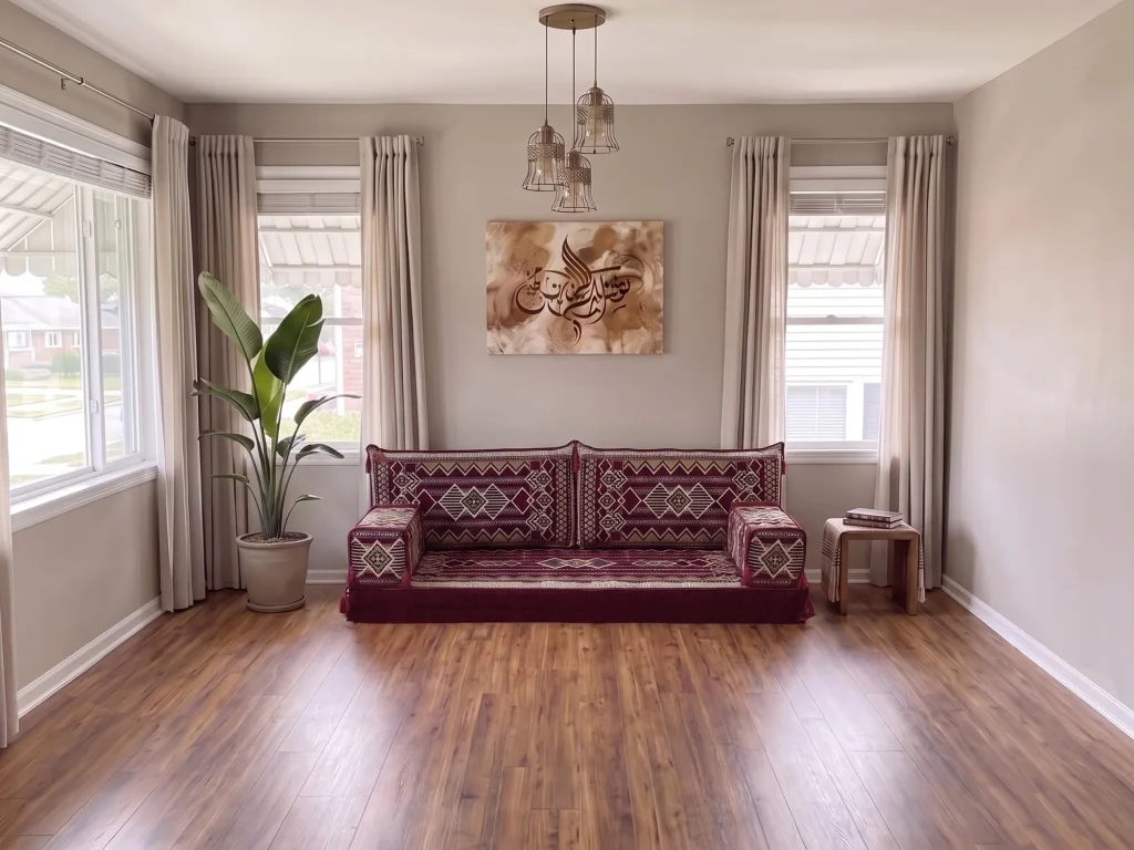 Burgundy and cream kilim Arabic floor sofa with two back cushions and two armrests on a bare wooden floor