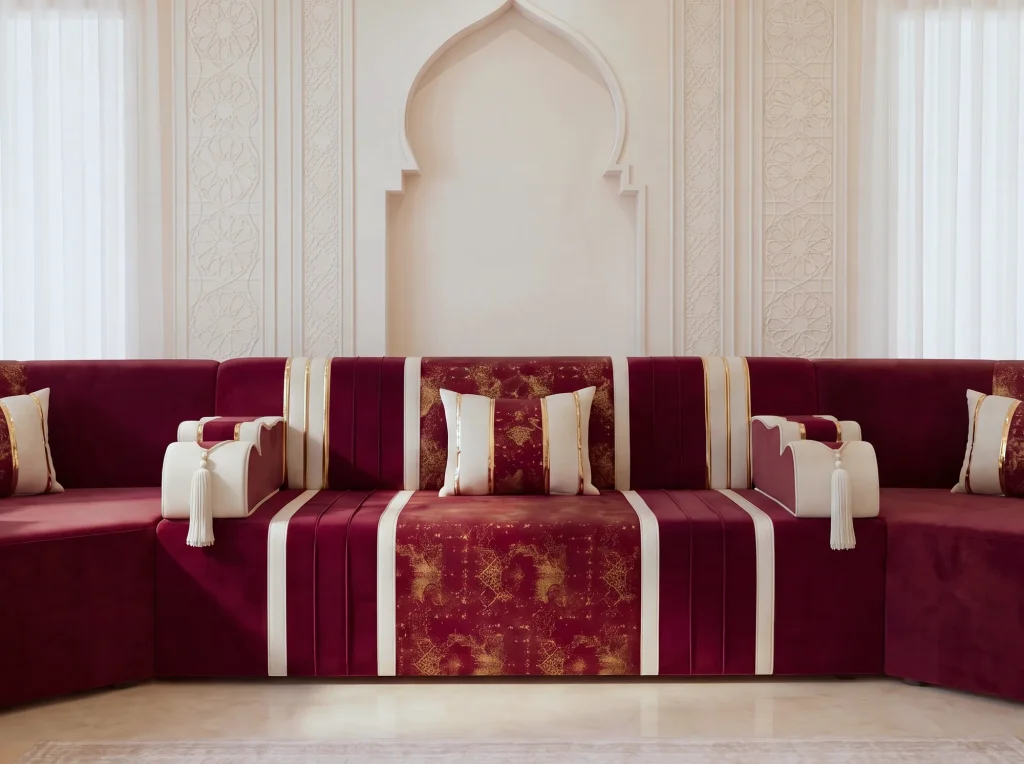 Front view of a burgundy velvet Arabic majlis with cream bands, gold damask centre panel and tassel armrests
