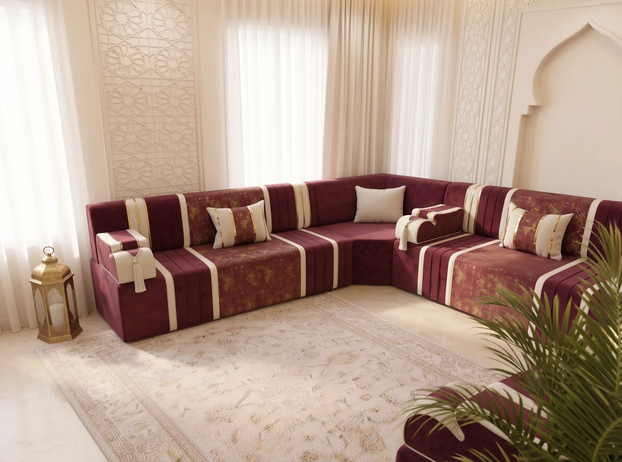 Burgundy and cream striped majlis sofa set filling a corner beside a carved lattice panel and lantern