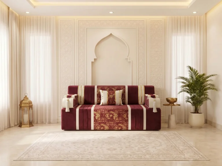 Single burgundy and cream striped Arabic majlis seat centred under a carved arch with lantern and palm