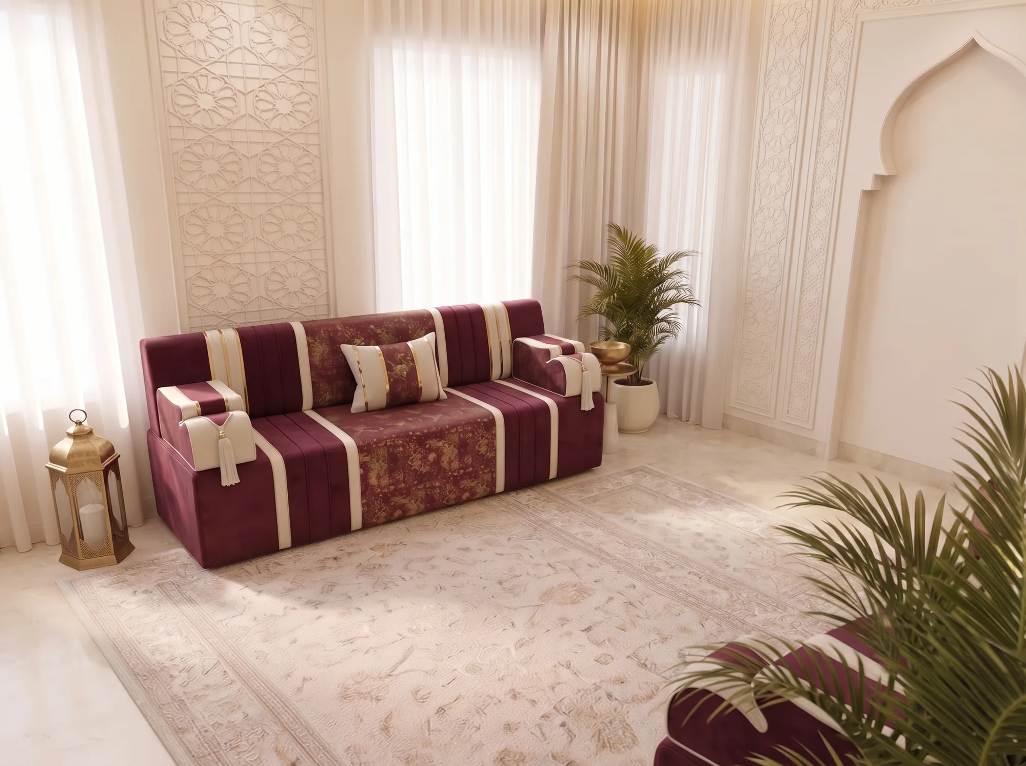Single burgundy and cream striped majlis sofa under a sunlit window with a brass lantern and palm