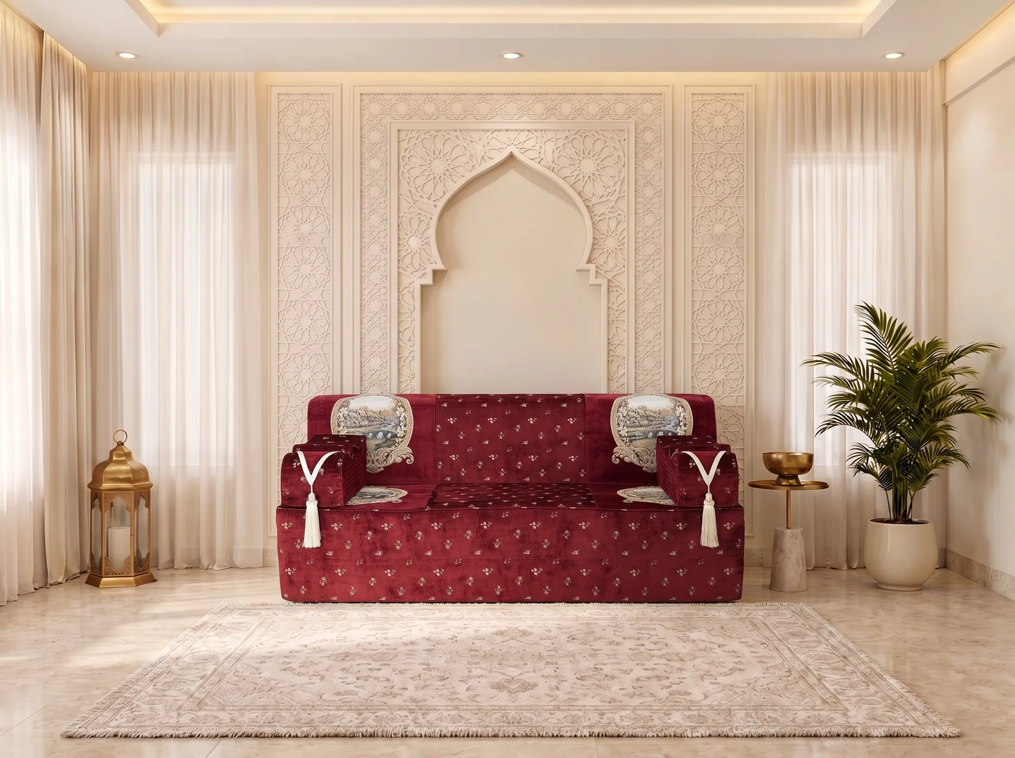 Single burgundy velvet majlis sofa with tapestry panels and cream tassels centred beneath a carved arch