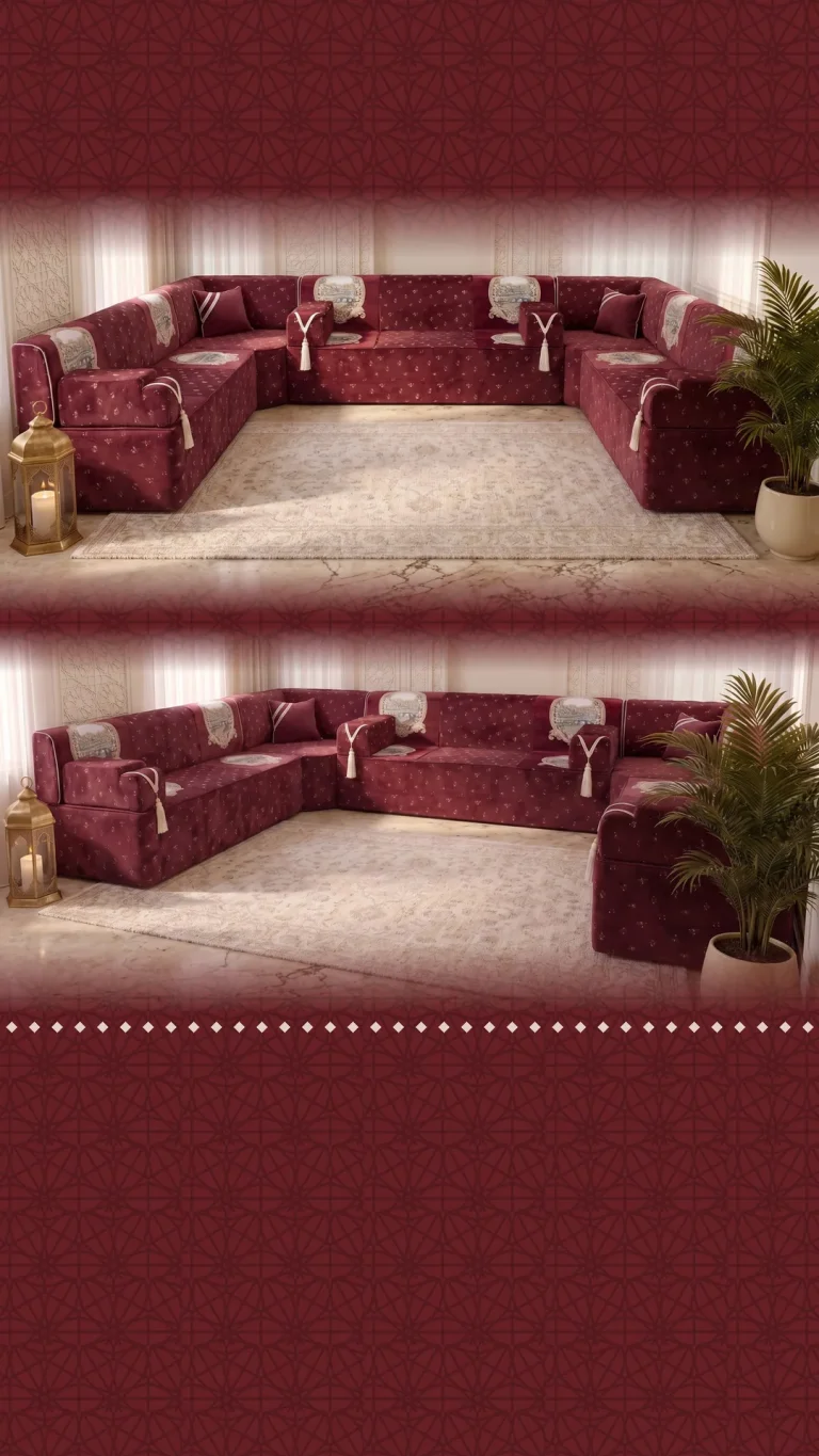 Burgundy velvet majlis sofa in a U shape with cream back panels and tasselled armrests, two rendered views