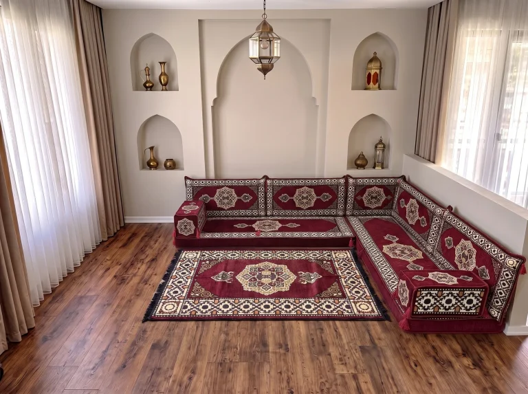 Burgundy medallion Arabic floor couch in an L shape beside a matching rug with a large central medallion