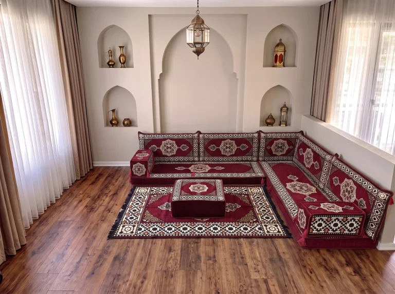 Burgundy medallion L-shaped Arabic floor sofa with matching rug and ottoman in a niche-walled reception room
