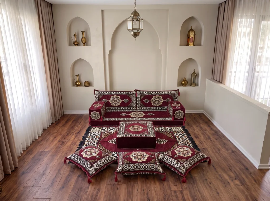 Burgundy medallion single-row Arabic floor sofa with rug, ottoman and floor cushions in a niche-walled reception room