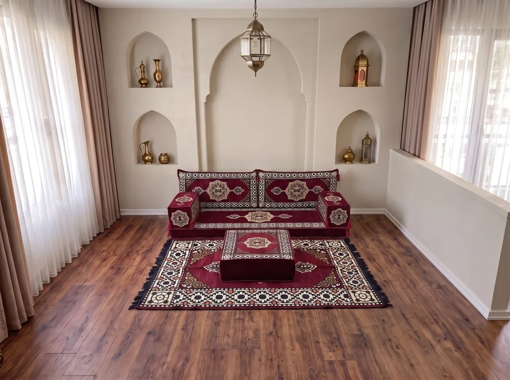 Burgundy medallion single-row Arabic floor sofa with matching rug and ottoman in a niche-walled reception room
