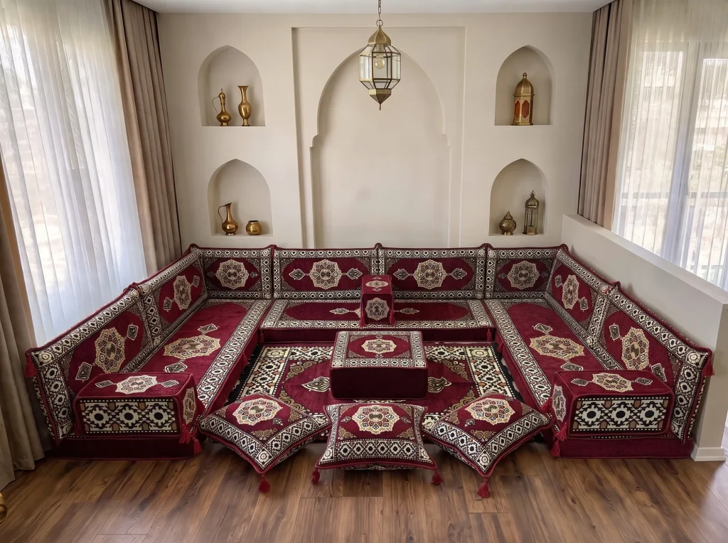 Burgundy medallion U-shaped Arabic sofa with rug, ottoman and floor cushions in a niche-walled reception room