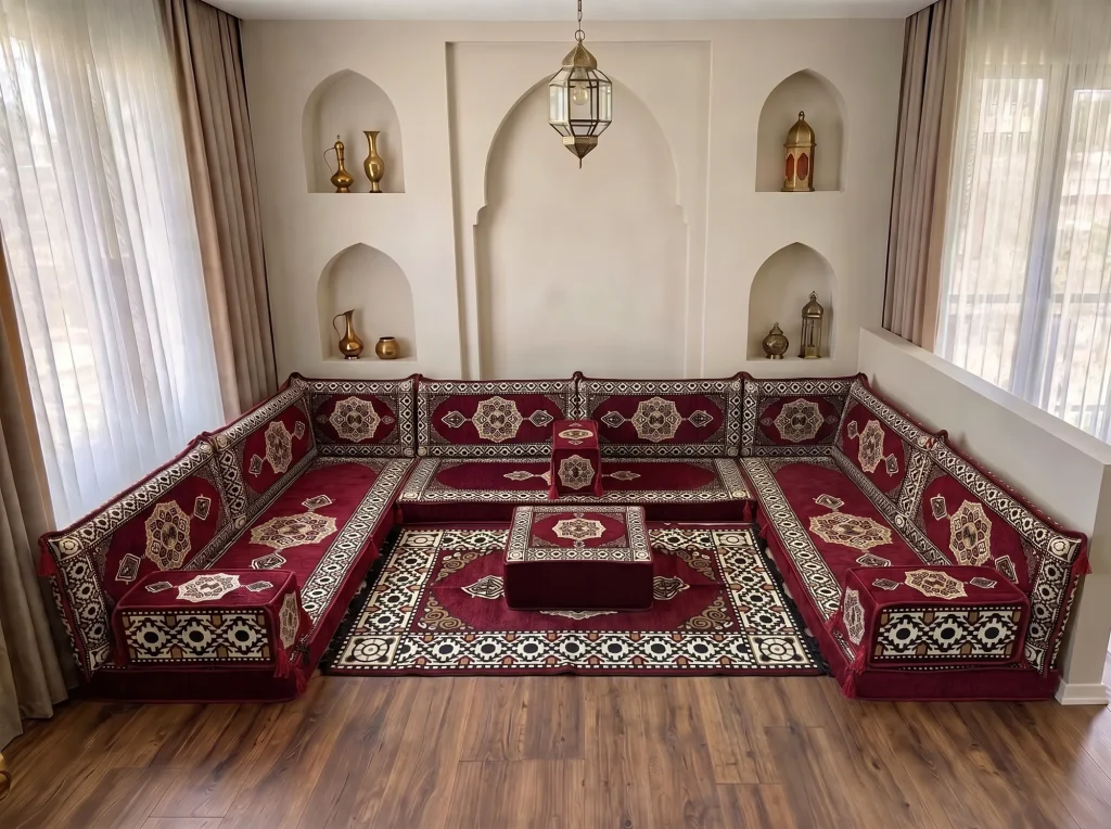 Burgundy medallion U-shaped floor sofa set with matching rug and ottoman in a niche-walled reception room