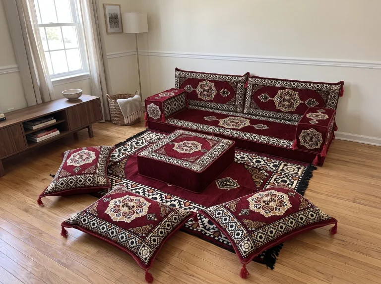 Burgundy Arabic floor sofa with cream and black medallions along a white wall, with ottoman, rug and three floor cushions