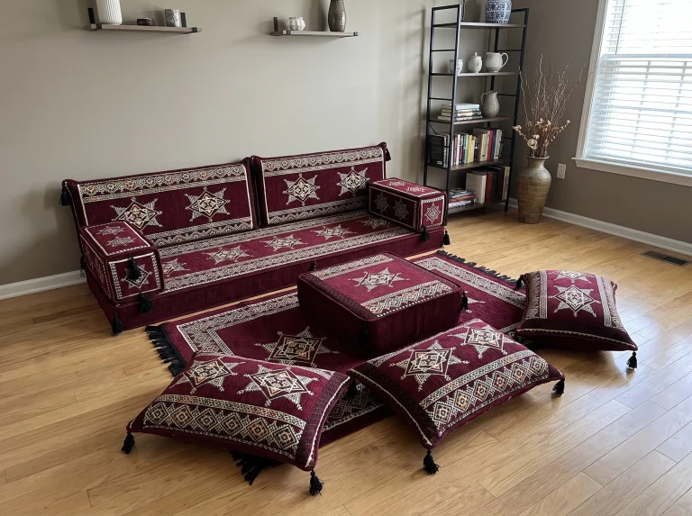 Burgundy star-pattern floor seating set with ottoman, rug and three tasselled floor cushions on a light oak floor
