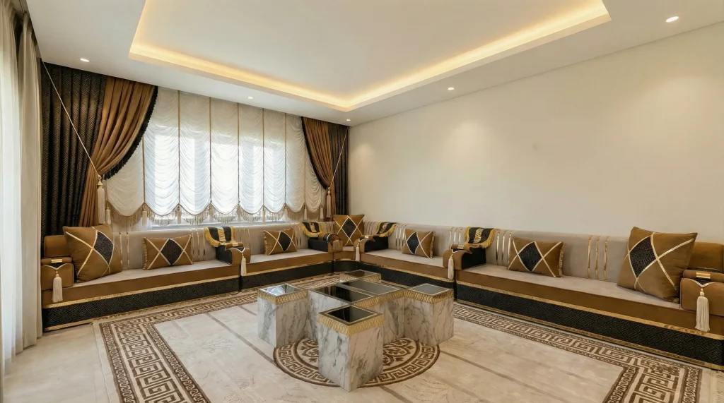 Room after conversion to a caramel and black Arabic majlis along two walls, with marble cube tables and a key-border rug