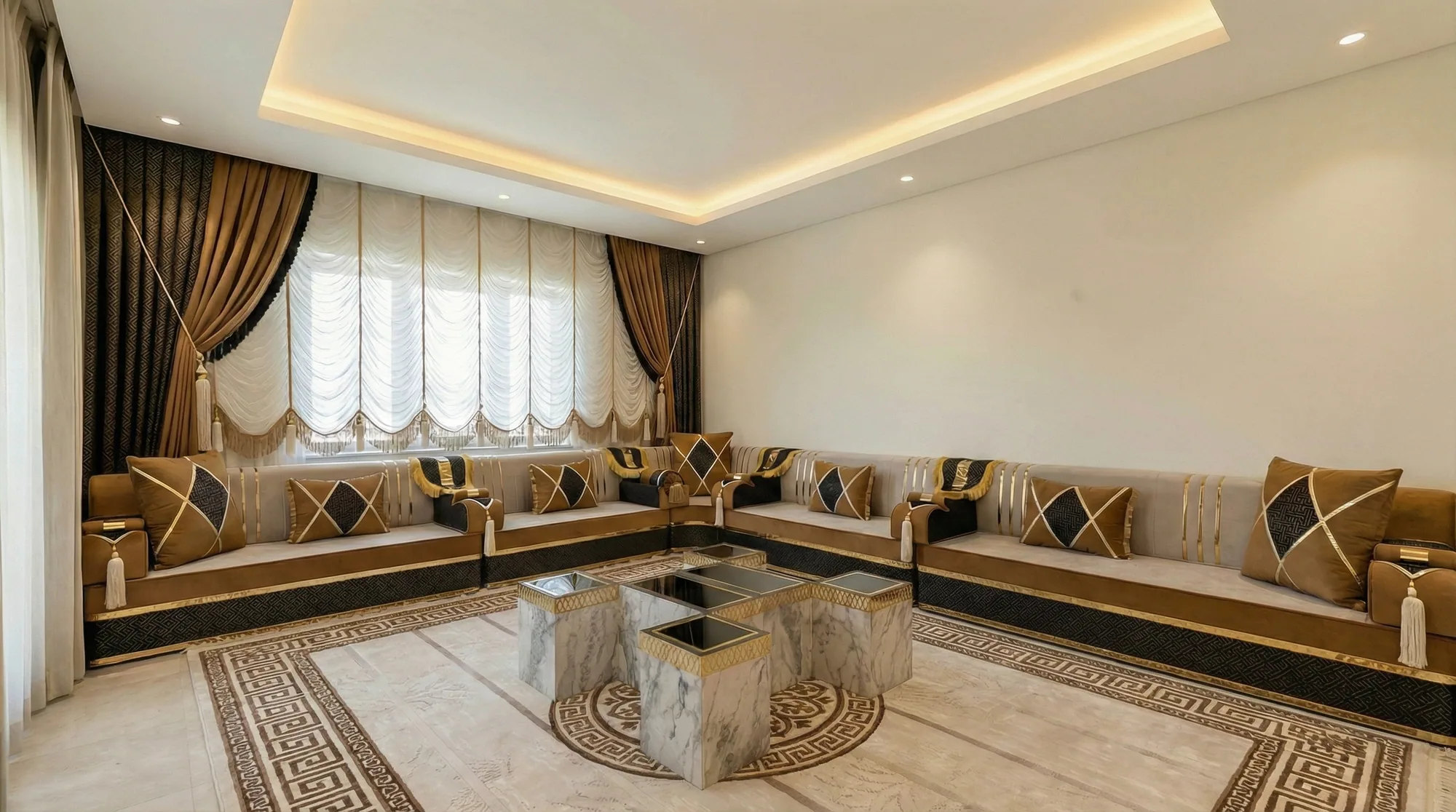 Room after conversion to a caramel and black Arabic majlis along two walls, with marble cube tables and a key-border rug