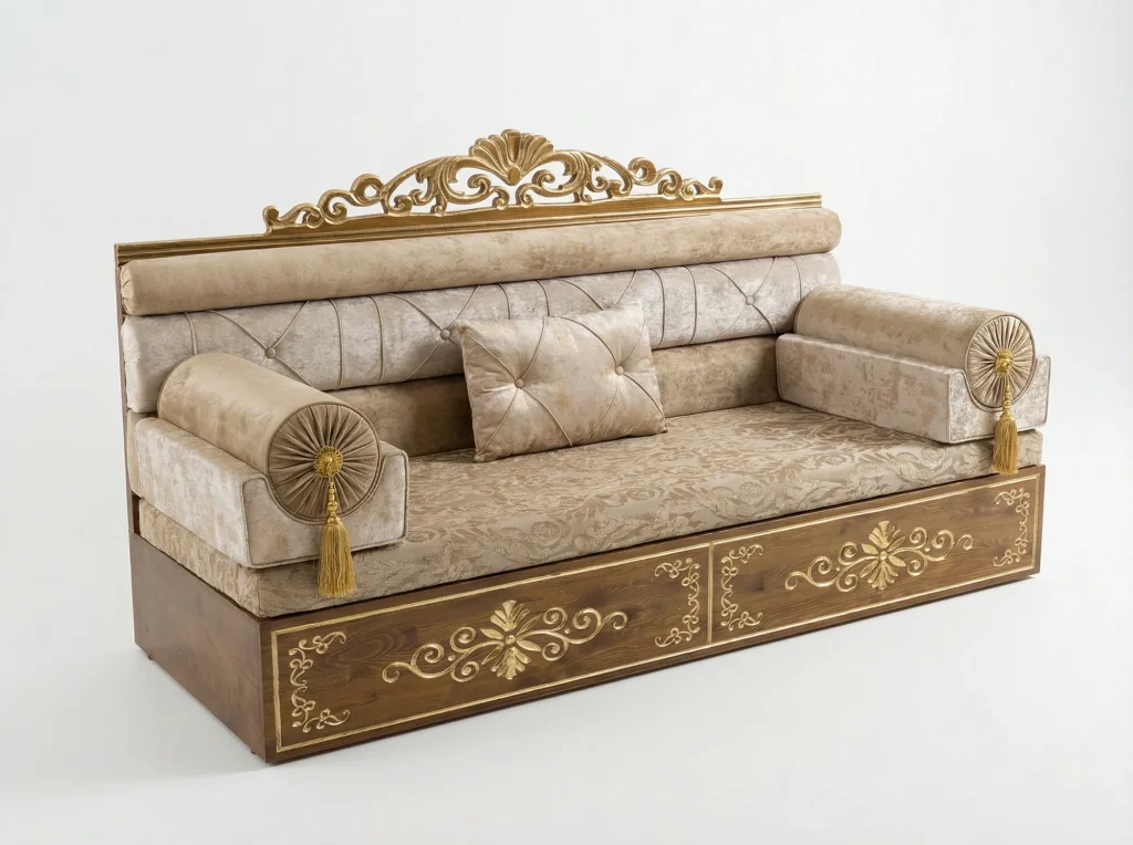 Champagne damask Arabic majlis bench on a walnut base with gold scrollwork, a gold carved crest and two tasselled bolsters