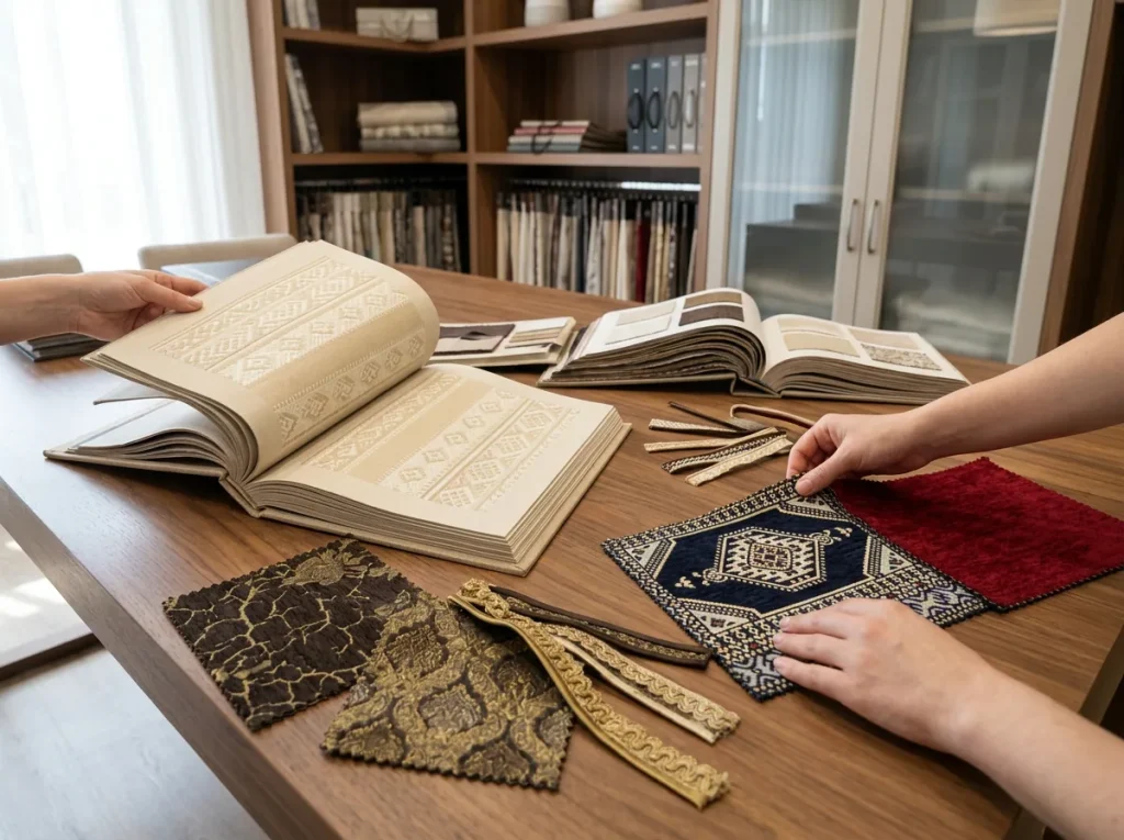 Two people comparing upholstery sample books, navy and burgundy swatches and gold braid trims on a table
