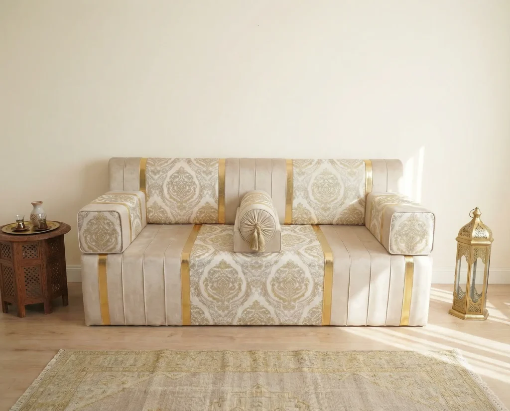 Ivory velvet diwan floor sofa with gold damask panels and gold stripes, beside a carved tea table and brass lantern