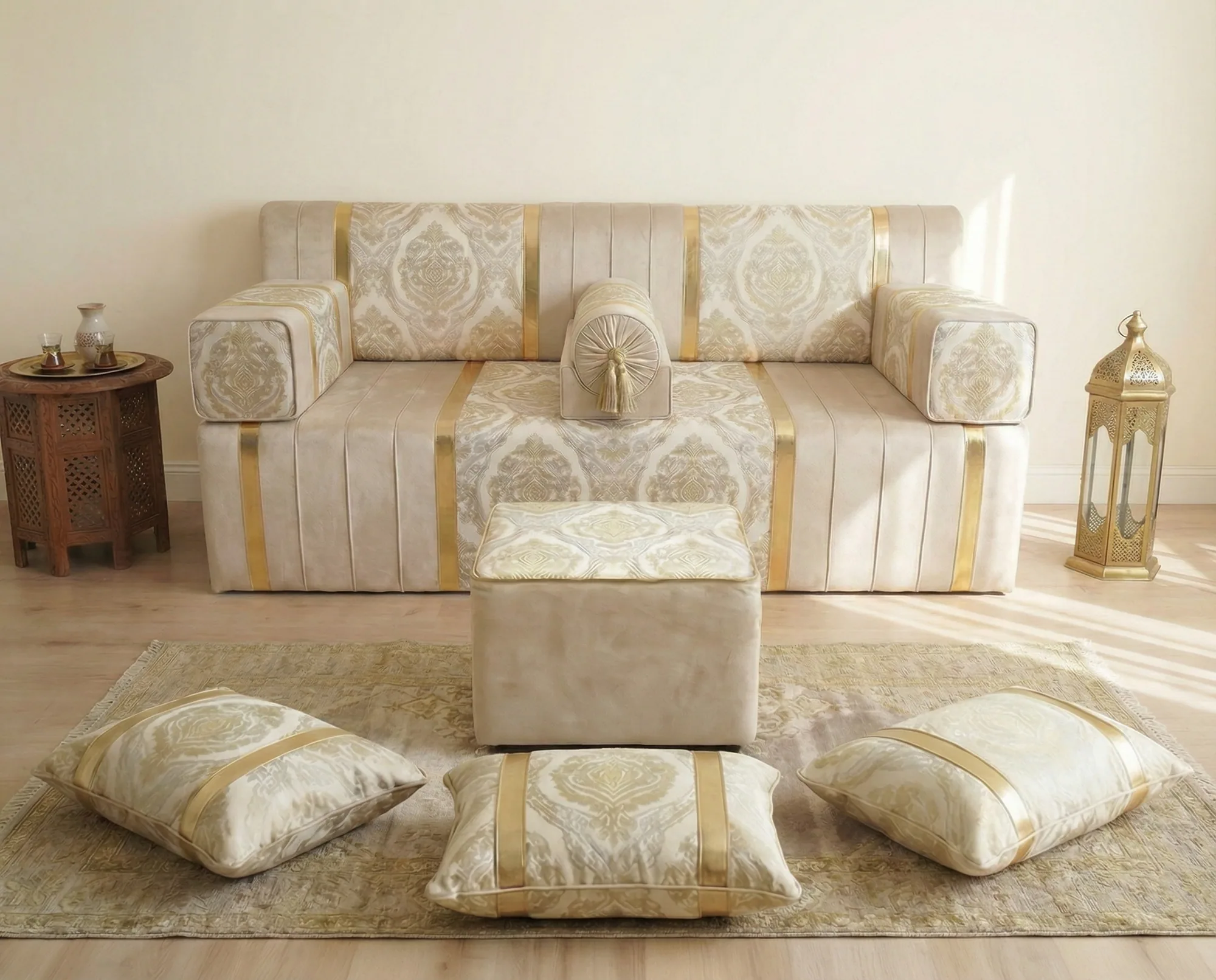 Ivory and gold damask diwan floor sofa with a square pouf and three gold-banded floor cushions arranged on a pale rug