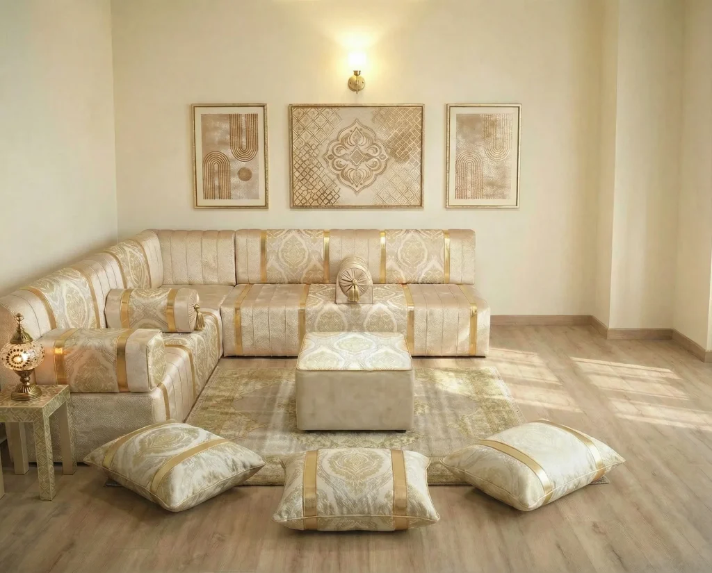 Ivory and gold damask diwan floor sofa in an L shape with pouf and three floor cushions under three framed gold artworks