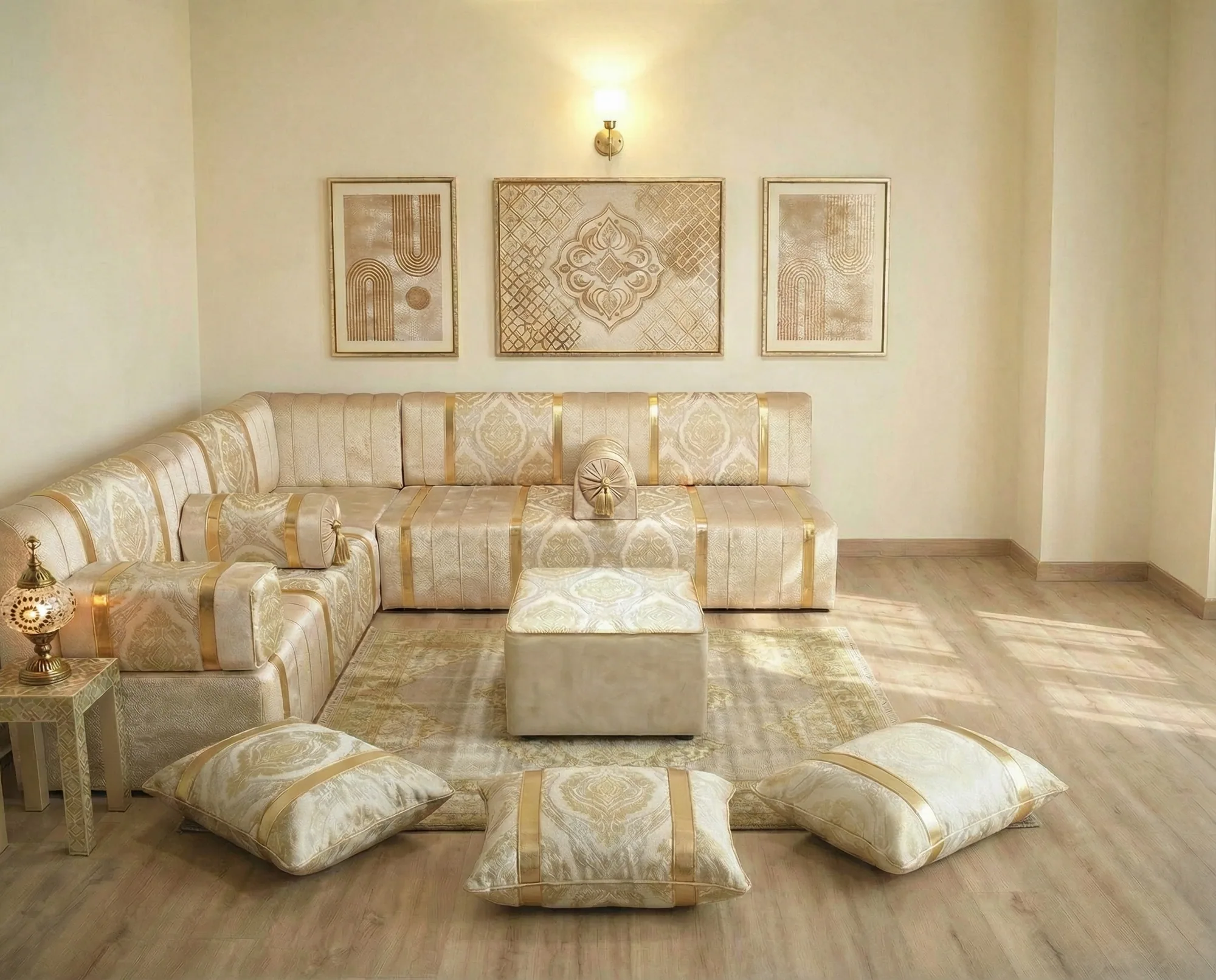 Ivory and gold damask diwan floor sofa in an L shape with pouf and three floor cushions under three framed gold artworks