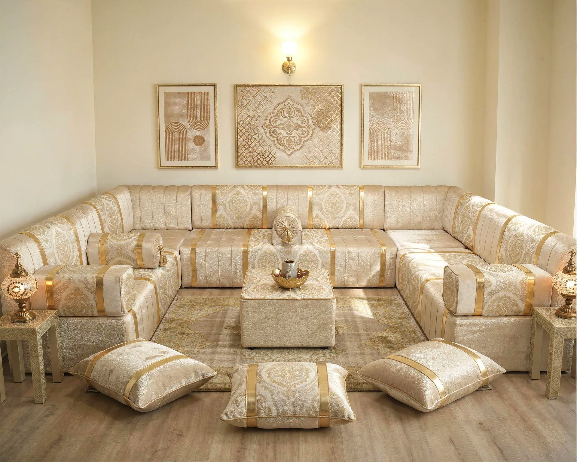 Ivory and gold damask diwan floor sofa in a U shape with a brass bowl on the pouf and mosaic lamps at both ends