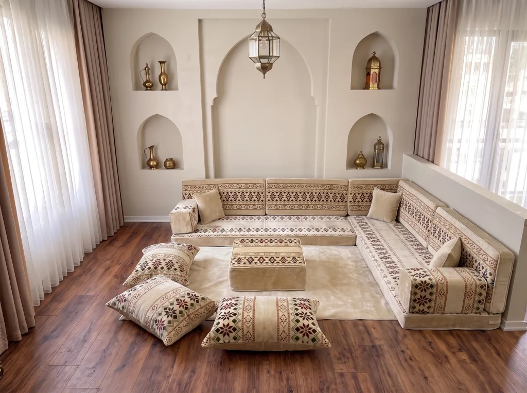 Cream velvet Arabic floor sofa with burgundy cross-stitch bands in an L shape with rug, ottoman and floor cushions