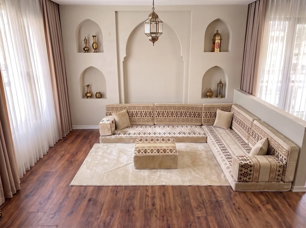 Cream floor sofa set with burgundy cross-stitch bands in an L shape with matching rug and ottoman by arched niches