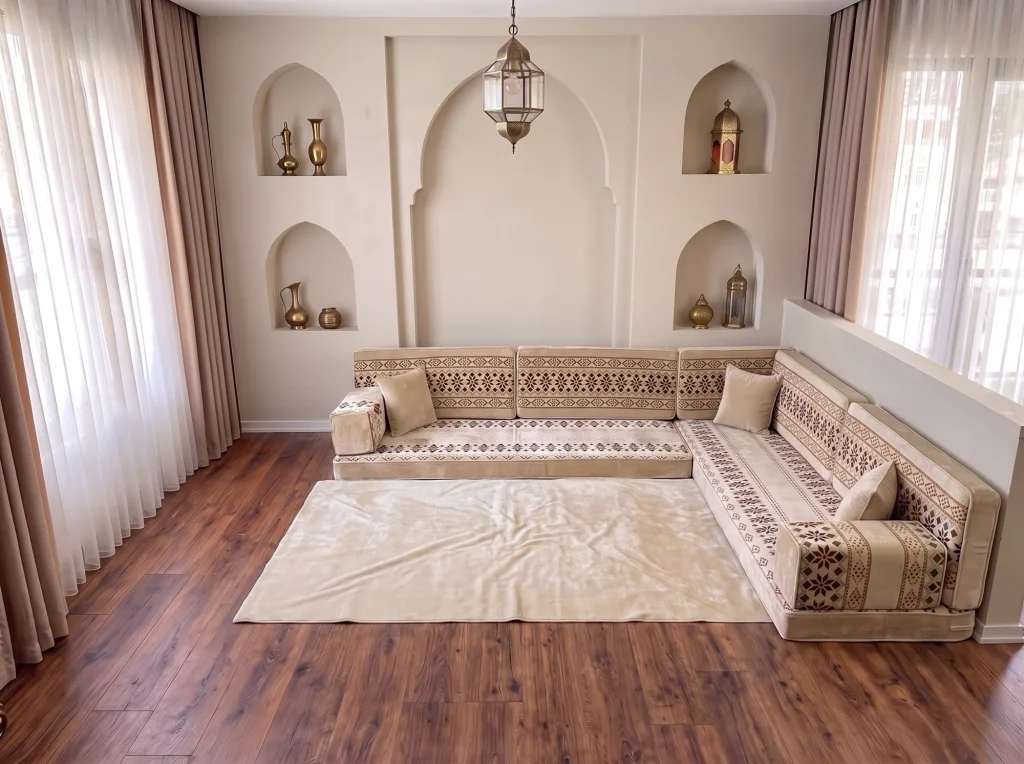 Cream velvet Arabic floor sofa with burgundy cross-stitch bands in an L shape with a plain cream rug by arched niches