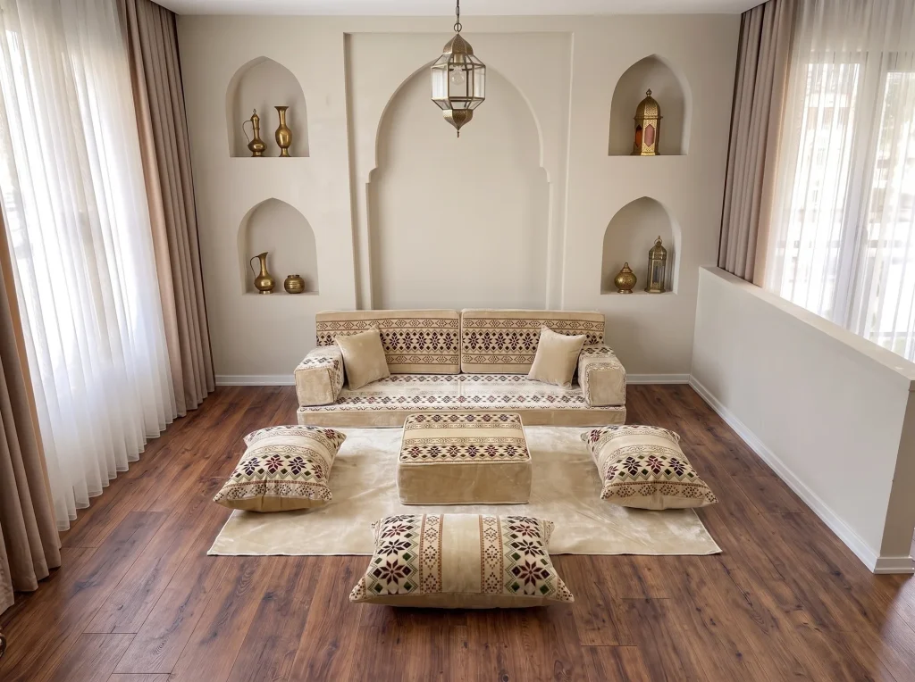 Cream velvet Arabic floor sofa with burgundy cross-stitch bands as a single row with rug, ottoman and floor cushions