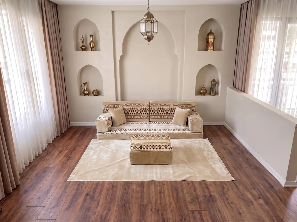 Cream Arabic sofa with burgundy cross-stitch bands as a single row with matching rug and ottoman by arched niches