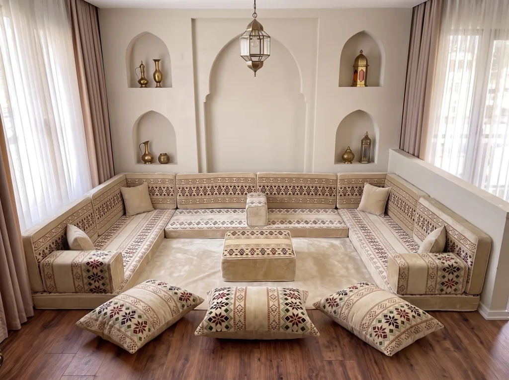 Cream Arabic floor sofa with burgundy cross-stitch motifs in a U shape, with ottoman, cream rug and three floor cushions
