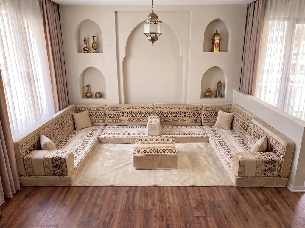 Cream floor seating set with burgundy geometric bands arranged in a U shape, with a cream rug and matching square ottoman