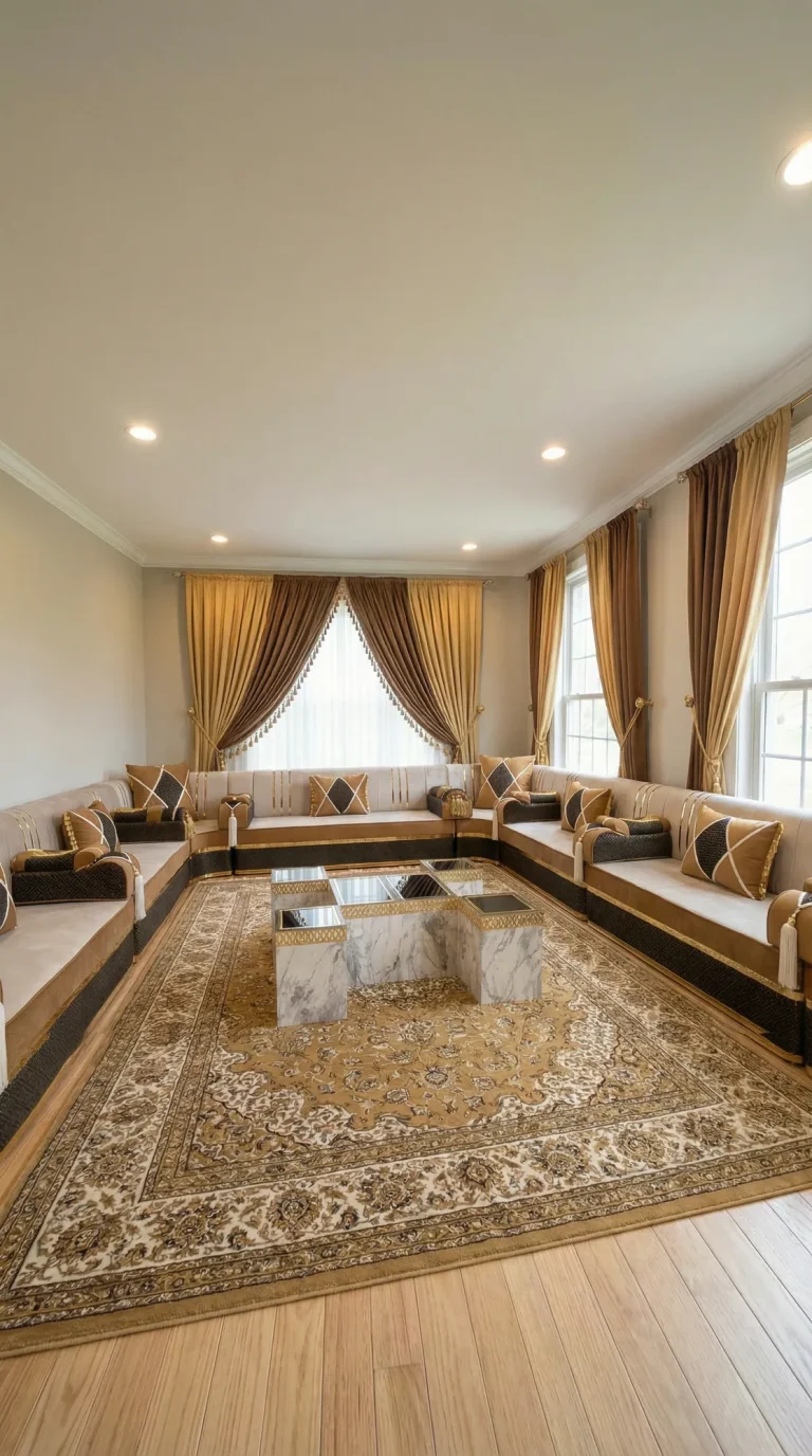 Cream and brown majlis seating along three walls with diamond-patch pillows, marble cube tables and a tan Persian rug