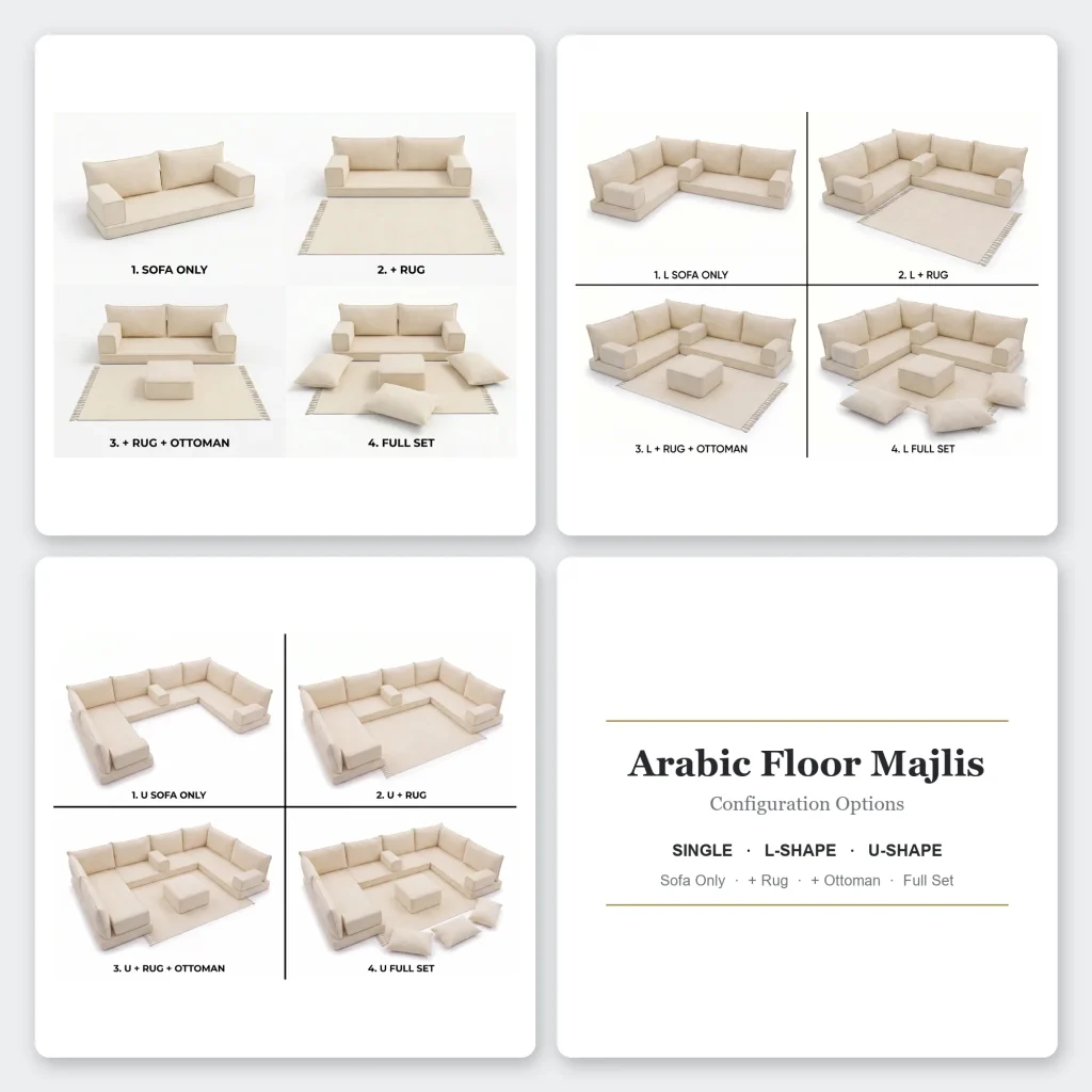 Chart of cream Arabic floor sofa options: single, L and U shapes shown with rug, ottoman and full set