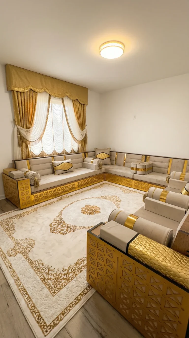 Cream velvet Arabic majlis on gold lattice bases wrapping three walls, with gold-banded bolsters and a cream medallion rug