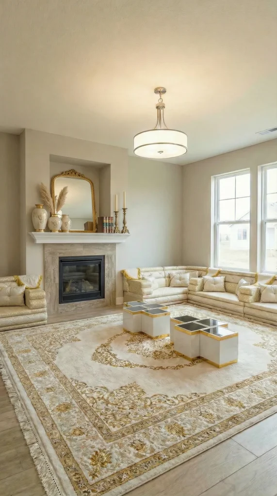 Cream and gold majlis sofa set in the window corner of a living room with a fireplace, white cube tables and a floral rug