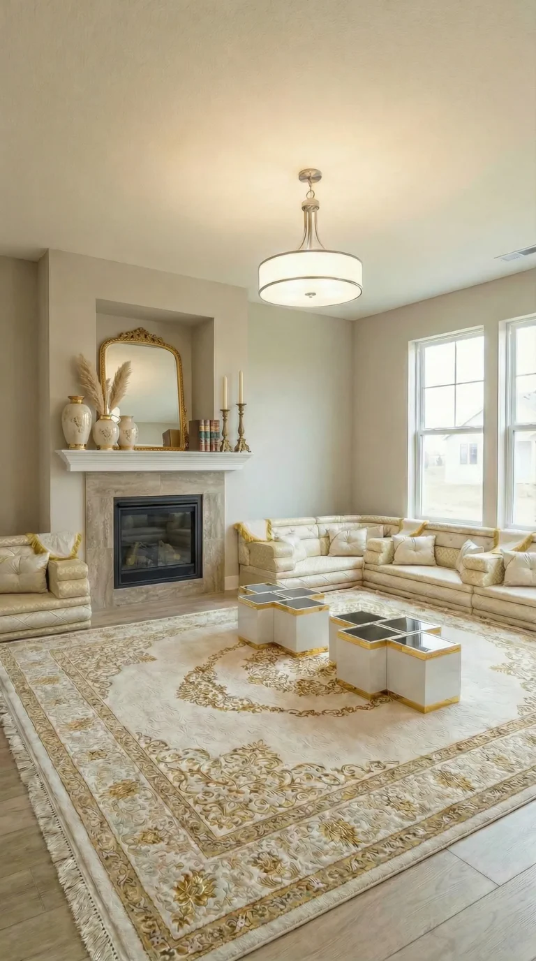 Cream and gold majlis sofa set in the window corner of a living room with a fireplace, white cube tables and a floral rug