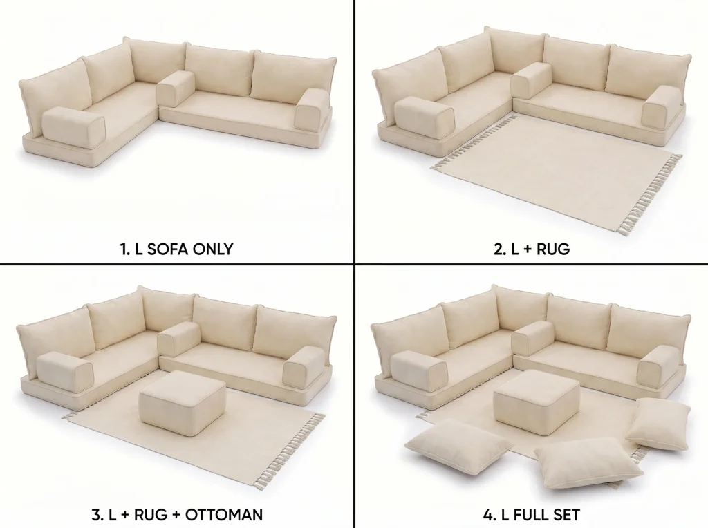 Four labelled views of a cream L-shaped Arabic floor sofa: sofa only, with rug, with ottoman, full set