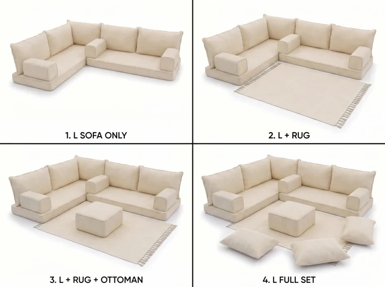 Four labelled views of a cream L-shaped Arabic floor sofa: sofa only, with rug, with ottoman, full set